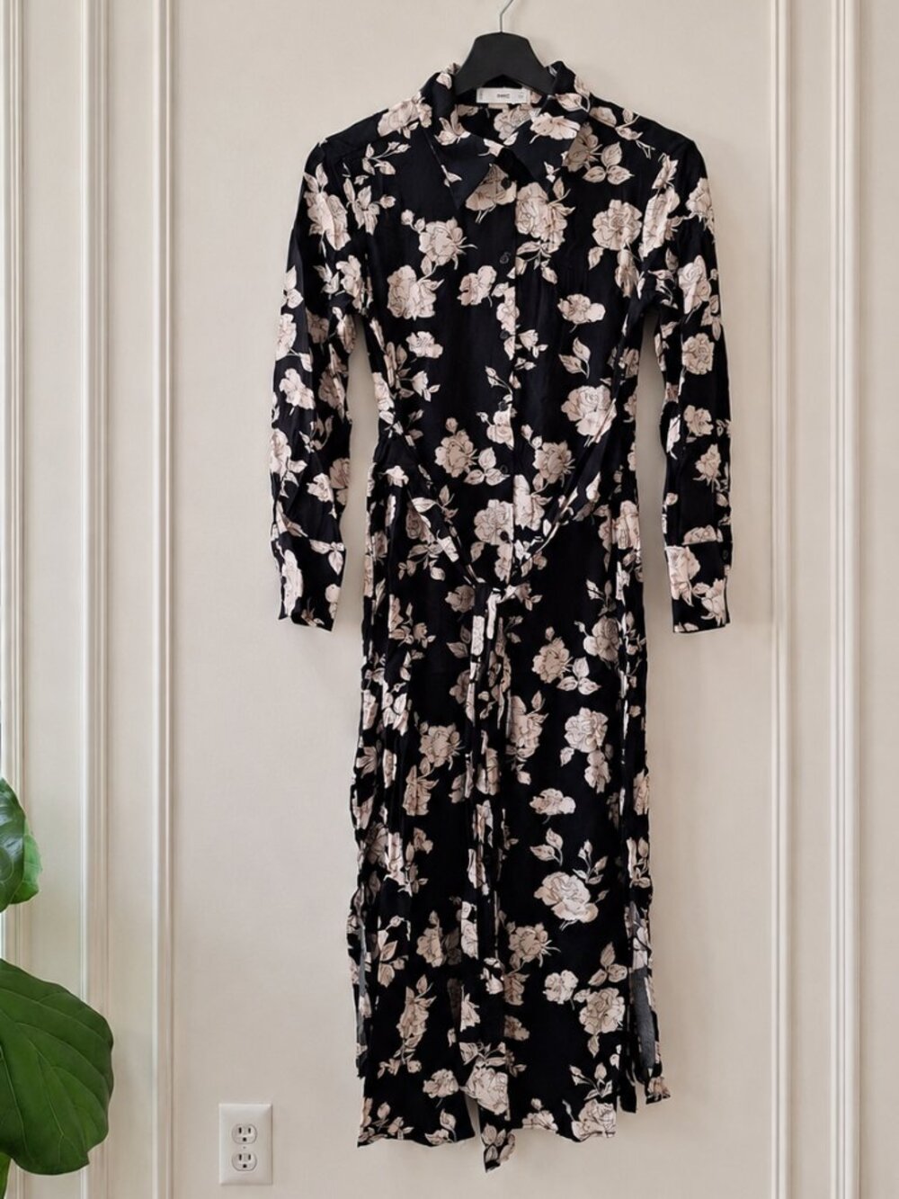 Mango Black Midi Shirt Dress | Beige/Cream Floral Print with side slit | XS, 2